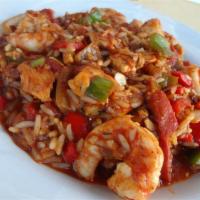 Jambalaya · Served with onions and peppers in a spicy cajun sauce.