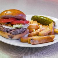 Hamburger · Made in house with 100% ground beef and are served with lettuce, tomato, onion, pickle spear...