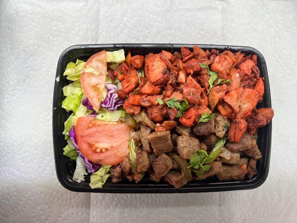 Combo/Mix Salad · Comes With Grilled Chicken and Lamb, Grilled Onion, Green pepper,
Cilantro, Lettuce, Red Cabbage, Tomato and Sauce (White, Hot, Green & BBQ)
