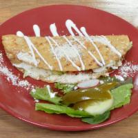 Pollo Asado Quesadilla · Grilled chicken. Flour based. Served with melted cheese, peppers, onion, pico de gallo and s...