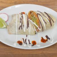 Carnitas Burrito · Braised pork. Served with melted cheese, rice, black or pinto beans, veggies, your choice of...