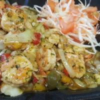 Garlic Shrimp Sizzle · Pan-seared 10 pieces shrimp seasoned with herbs and spices then sauteed in our bell peppered...