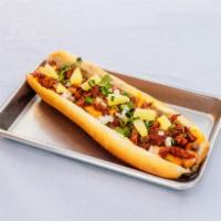 Pastor Dog · Bacon wrapped frank, beans, melted cheese, pastor meat, grilled onions, cilantro, pineapple,...