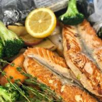 Salmon and Vegetables (grilled) · 1/2 pound salmon and mix vegetables ( Onion, Potato, Carrot & Broccoli )