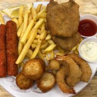 Seafood Combo (fried) · 2 pieces of whiting, 4 pieces of large shrimp, 4 pieces of scallops, 2 pieces of crab stick ...
