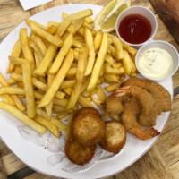 Shrimp, Scallops and Fries (fried) · 5 pieces of large shrimp, 5 pieces of scallops and fries