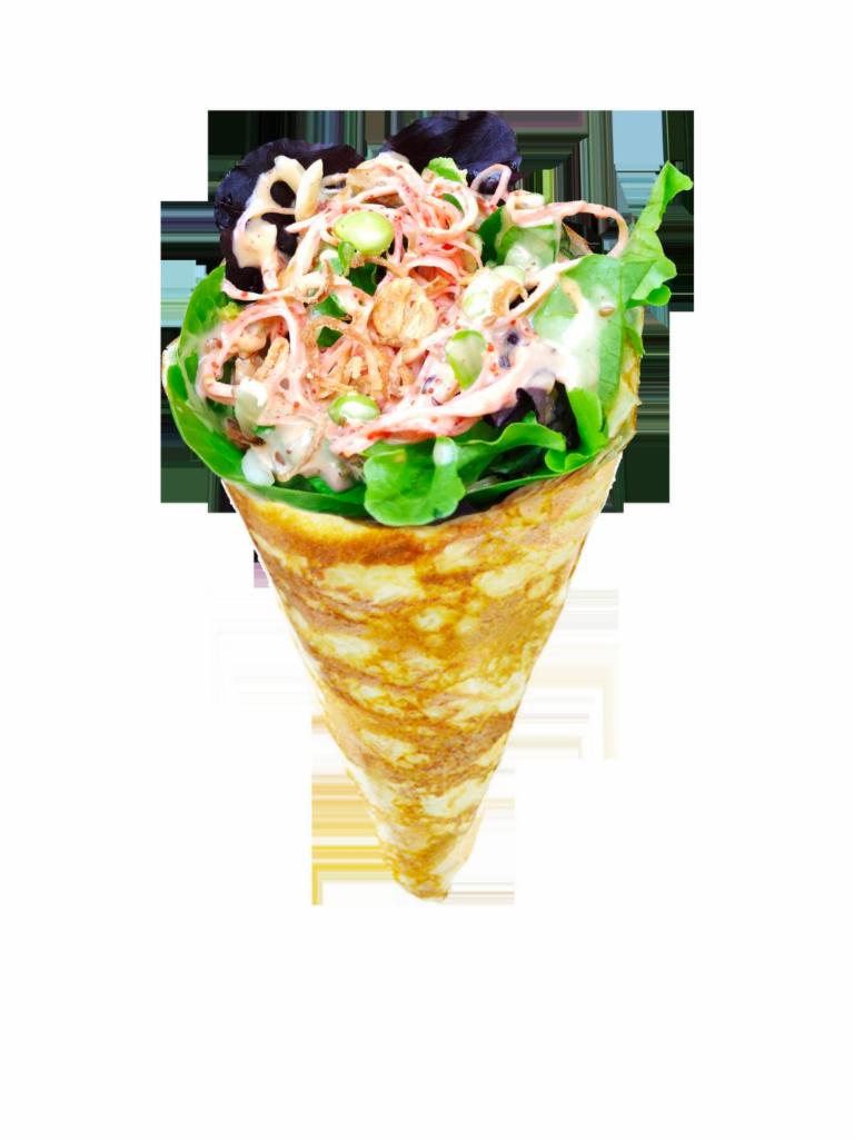 23. Spicy Crabmeat Crepe · Crabmeat sticks, Mesclun Mix, Masago, Seaweed Salad, Cucumbers, Edamame (Soy Beans), Crunchy Shallots, Avocado, Seasame Seed, Spicy Mayo, Sesame Dressing