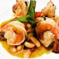 Gamberi e Fagioli · Shrimp, cannellini beans, white wine, lemon, cherry tomatoes.