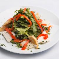 Insalata Dello Chef · Mixed baby greens, fresh mozzarella, hearts of palm, artichokes, roasted red peppers, house ...