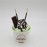 Mint Chocolate Ice Cream Roll · Mint ice cream, topped with whipped, chocolate pocky sticks, hersey's bar, chocolate chips a...