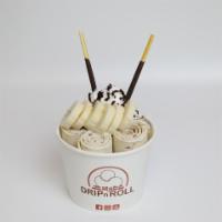 Goin' Banana Ice Cream Roll · Vanilla ice cream mix with nutella and banana, topped with whipped, chocolate pocky sticks, ...