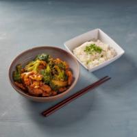 73. Chicken Broccoli · Served with rice.