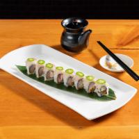 The Firecraker Roll · Crunchy spicy yellowtail topped with yellowtail jalapeno.