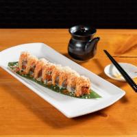 The Blast Roll · Spicy crunchy tuna and yellowtail on the inside, topped with spicy crunchy crab meat.