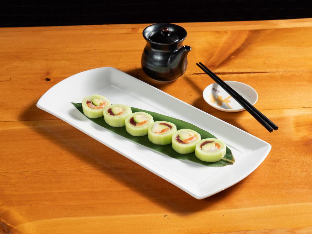 The Naruto Roll · Tuna, salmon, yellowtail and avocado wrapped in thinly sliced cucumber.