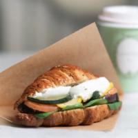 Vegetarian Croissant · Roasted vegetables, sun-dried tomato, mozzarella cheese, baby spinach, and pesto sauce.