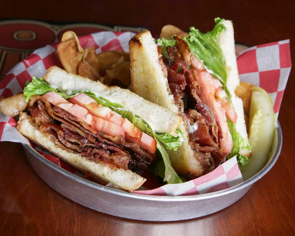 B2LT Sandwich · A heaping amount of smoked Applewood bacon and sweet peppered bacon on Texas toast with lettuce, tomato and garlic aioli.