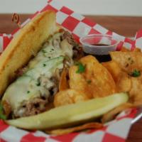 Cheese-Steak Bacon Melt · Marinated steak, bacon strips, sauteed green peppers and onions, smothered in provolone chee...