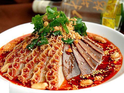 🌶️ Sliced Beef and Ox Triple in Chili Sauce 夫妻肺片 · Tender beef slices are served in a rich, spicy hot sauce and topped with peanut flakes and cilantro.