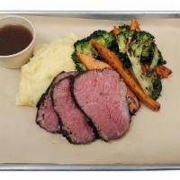 Tri Tip Dinner Plate · Wood-Fired Tri Tip, Garlic Herb Butter, Yukon Gold Mashed Potatoes, Charred Broccoli & Carro...