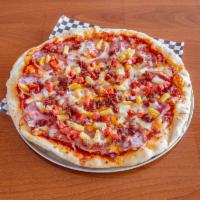 Paradise Pizza · Smoked ham, pineapple, Roma tomatoes and crispy bacon.