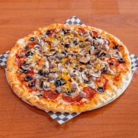 Wrangler Pizza · Pepperoni, Italian sausage, black olives and fresh mushrooms.