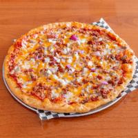 Bacon Cheeseburger Pizza · Beef, crispy bacon, onions and cheddar cheese.