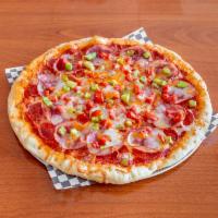 Tuscan Supreme Pizza · Pepperoni, smoked ham, green peppers and Roma tomatoes.