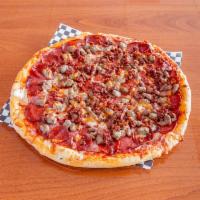 Mega Meat Pizza · Salami, pepperoni, smoked ham, Italian sausage, beef and crispy bacon.