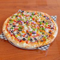 Vegetarian Pizza · Fresh mushrooms, onions, black olives, Roma tomatoes and green peppers.