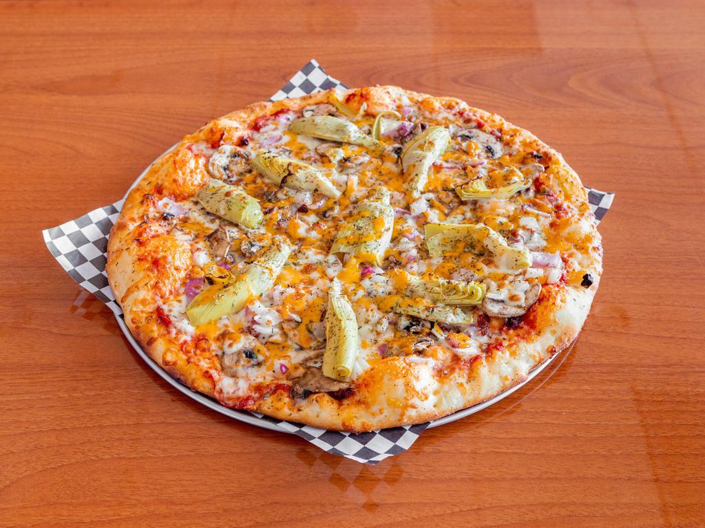 Zesty Veggie Pizza · Fresh mushrooms, sun-dried tomatoes, onions, artichoke hearts and Italian herbs.