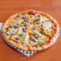 Magnificent Greek Pizza · Spinach, fresh mushrooms, Kalamata olives, artichoke hearts and feta cheese.