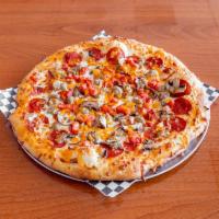 Sicilian Pizza · Pepperoni, Italian sausage, fresh mushrooms, onions and Roma tomatoes. Made with creamy gour...