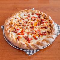 Big Kahuna Pizza · Smoked ham, beef, onions and pineapple. Topped with tomatoes, bacon and more cheese. A 2 lay...