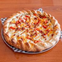 Wicked Chicken Pizza · Grilled chicken, bacon, onions and tomatoes. Topped with tomatoes, bacon and more cheese. Ma...