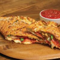 Deluxe Calzone · Stuffed with pepperoni, Italian sausage, mushrooms, green peppers, onions and
our signature ...