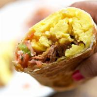 BW3. Philly Breakfast Wrap · Eggs, philly steak, onions, peppers, and cheddar cheese.