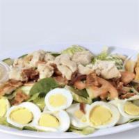 S3. Country Club Salad · Mixed greens, grilled chicken, tomato, turkey bacon, hard boiled egg, and ranch dressing.