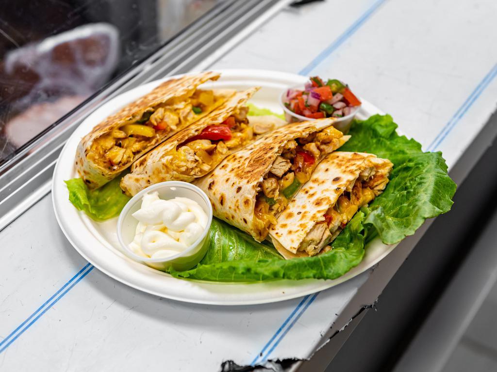 Q1. Chicken Quesadilla · Grilled chicken, grilled onions, peppers, melted cheddar cheese, mozzarella cheese, and sour cream.