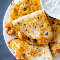 Q4. Shrimp Quesadilla · Shrimp, grilled onions, peppers, jack cheese, kale, spinach, and sour cream.