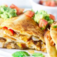 Q5. Burner Quesadilla · Cajun chicken, avocado, jalapeno, grilled onions, peppers, jack cheese, cheddar cheese, hot ...