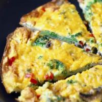 O5. Garden of Eating Omelet · Eggs, mushrooms, broccoli, spinach, tomato, and cheddar cheese.