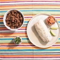 Carne Asada Burrito Burrito · Burrito with grilled steak, white rice, black beans, pico de gallo, and salsa on a flour tor...