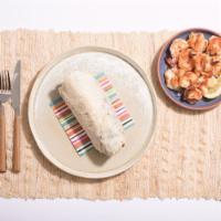 Grilled Shrimp Burrito Burrito · Burrito with grilled shrimp, white rice, black beans, pico de gallo, and salsa on a flour to...
