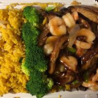 Teriyaki Chicken and Shrimp with Fried Rice · Stir fried rice. Marinated or glazed in a soy based sauce. 
