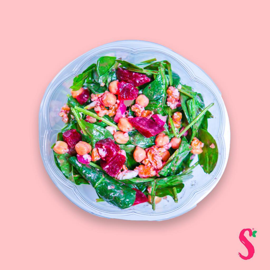 Sweet Beet Salad · Scrumptious vegetarian-friendly salad made with chickpeas, beet, red onion, walnuts, goat cheese, and spinach with balsamic vinaigrette.