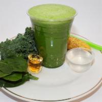 Go Go Green Smoothie · Banana, kale, broccoli, spinach blended with a touch of organic honey & coconut water.