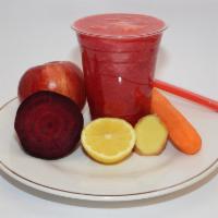 The Cold Beater Smoothie · Apple, lemon, carrots, beets, ginger blended with freshly squeezed apple juice.