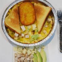 South Beach Omelette · Grilled chicken, avocado and Monterey Jack cheese. With home fries or hash browns and toast.