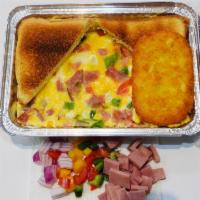 Western Omelette · Turkey, ham, peppers and onion. With home fries or hash browns and toast.
